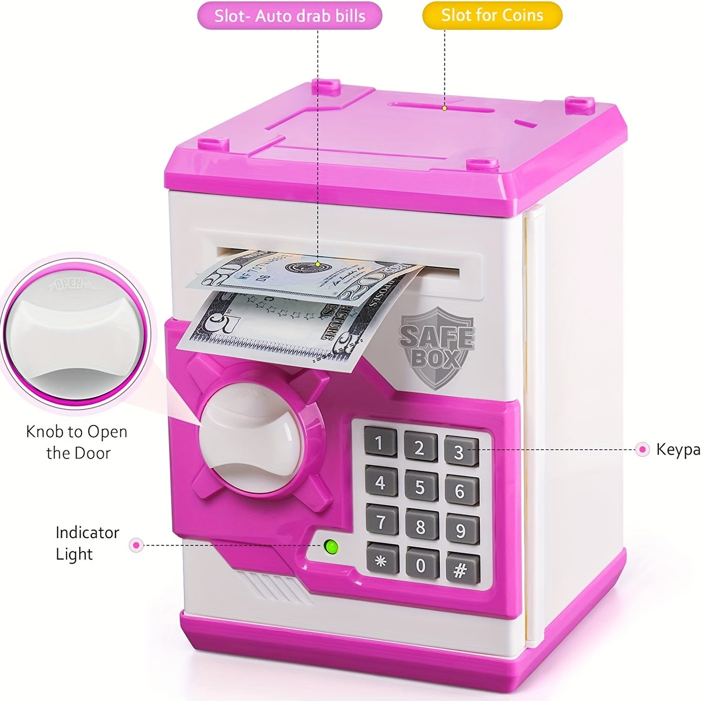 ATM Piggy Bank For Boys Girls,  Mini ATM Coin Bank Money Saving Box With Password, Kids Safe Money Jar For Adults With Auto Grab Bill Slot, Great Gift Toy Bank For Kids