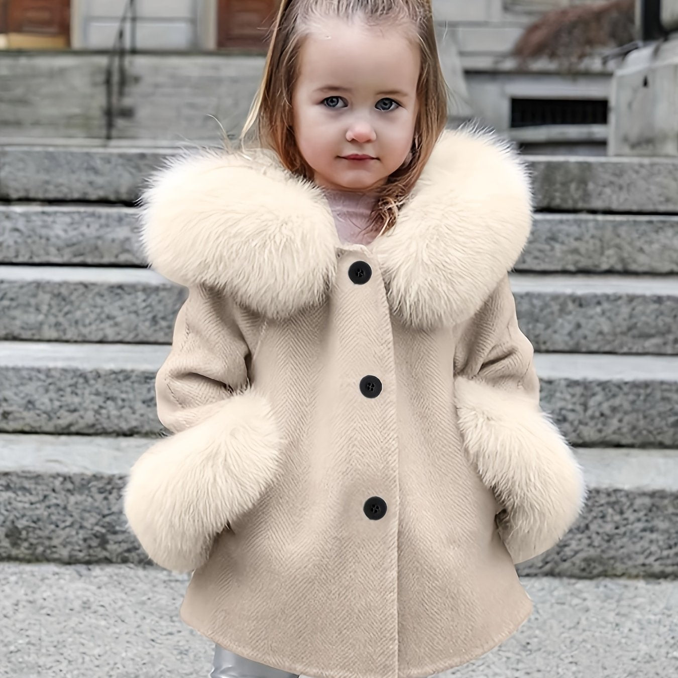 Little Girls Furry Hooded Coat Outerwear With Pockets, Fall/ Winter Thick Solid Coats For Kids Girls