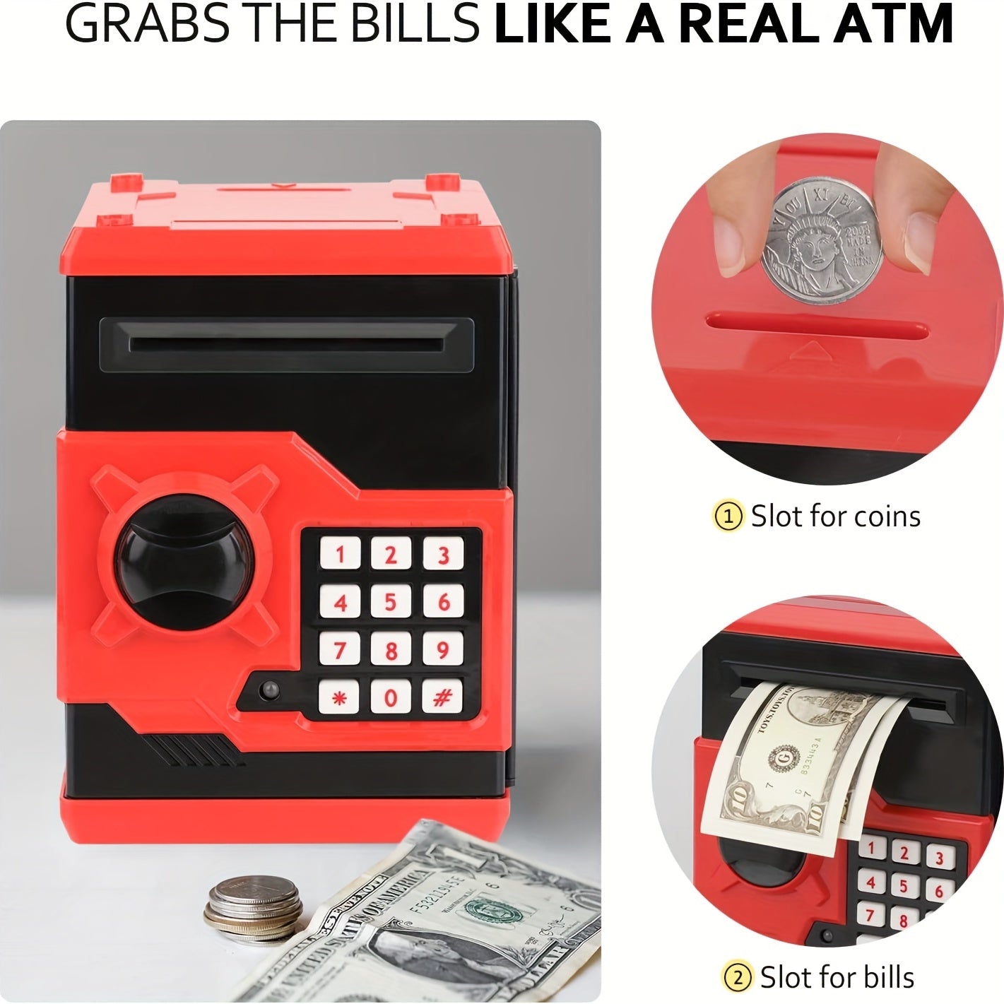 ATM Piggy Bank For Boys Girls,  Mini ATM Coin Bank Money Saving Box With Password, Kids Safe Money Jar For Adults With Auto Grab Bill Slot, Great Gift Toy Bank For Kids