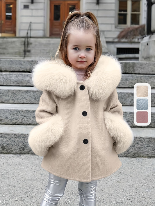 Little Girls Furry Hooded Coat Outerwear With Pockets, Fall/ Winter Thick Solid Coats For Kids Girls