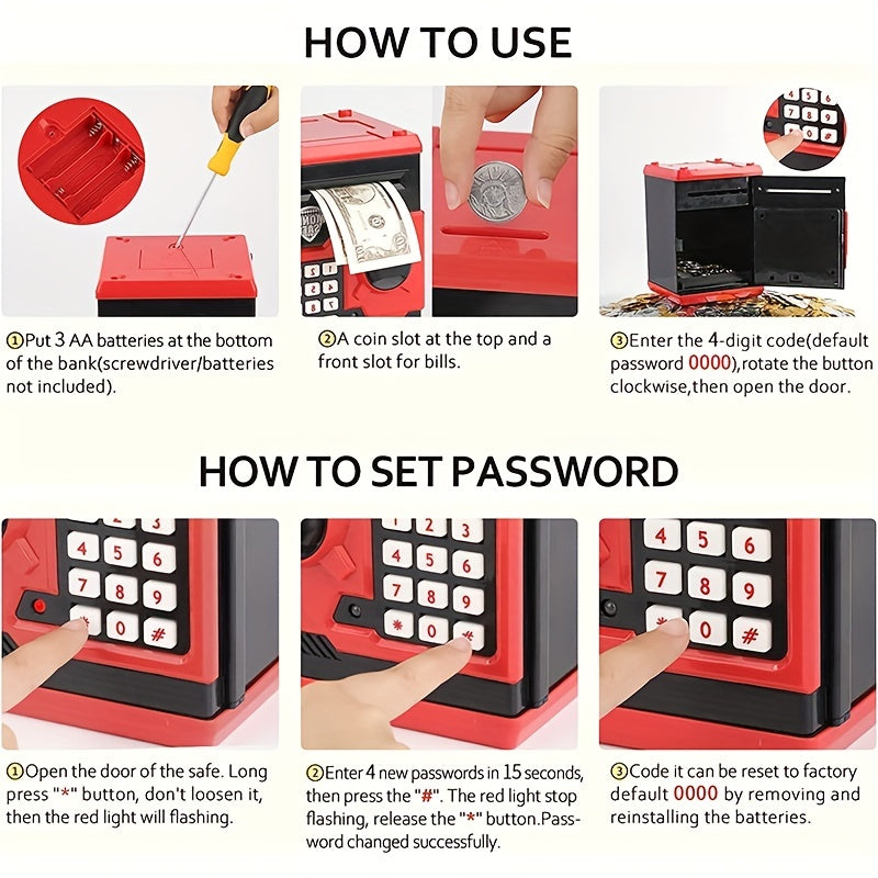 ATM Piggy Bank For Boys Girls,  Mini ATM Coin Bank Money Saving Box With Password, Kids Safe Money Jar For Adults With Auto Grab Bill Slot, Great Gift Toy Bank For Kids