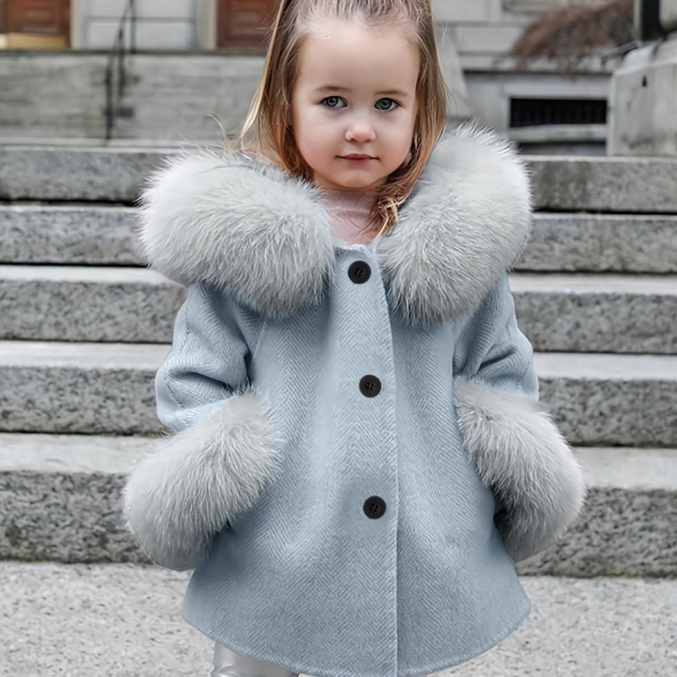 Little Girls Furry Hooded Coat Outerwear With Pockets, Fall/ Winter Thick Solid Coats For Kids Girls
