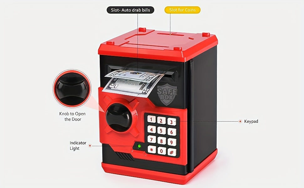 ATM Piggy Bank For Boys Girls,  Mini ATM Coin Bank Money Saving Box With Password, Kids Safe Money Jar For Adults With Auto Grab Bill Slot, Great Gift Toy Bank For Kids