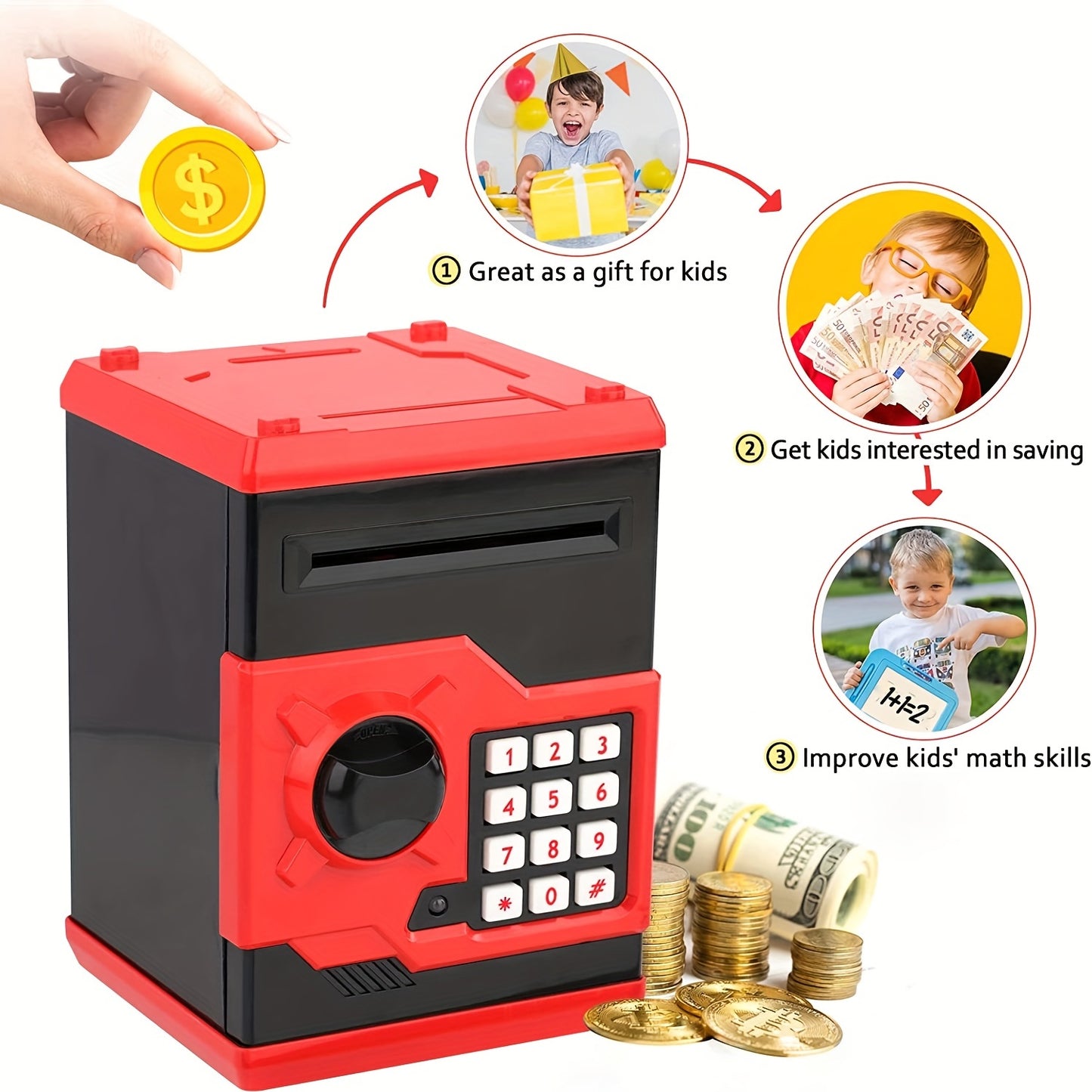 ATM Piggy Bank For Boys Girls,  Mini ATM Coin Bank Money Saving Box With Password, Kids Safe Money Jar For Adults With Auto Grab Bill Slot, Great Gift Toy Bank For Kids